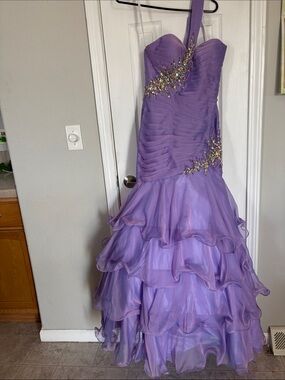 Night Moves Lilac One-Shoulder Ruffled Ball Gown with Gold Embellishment